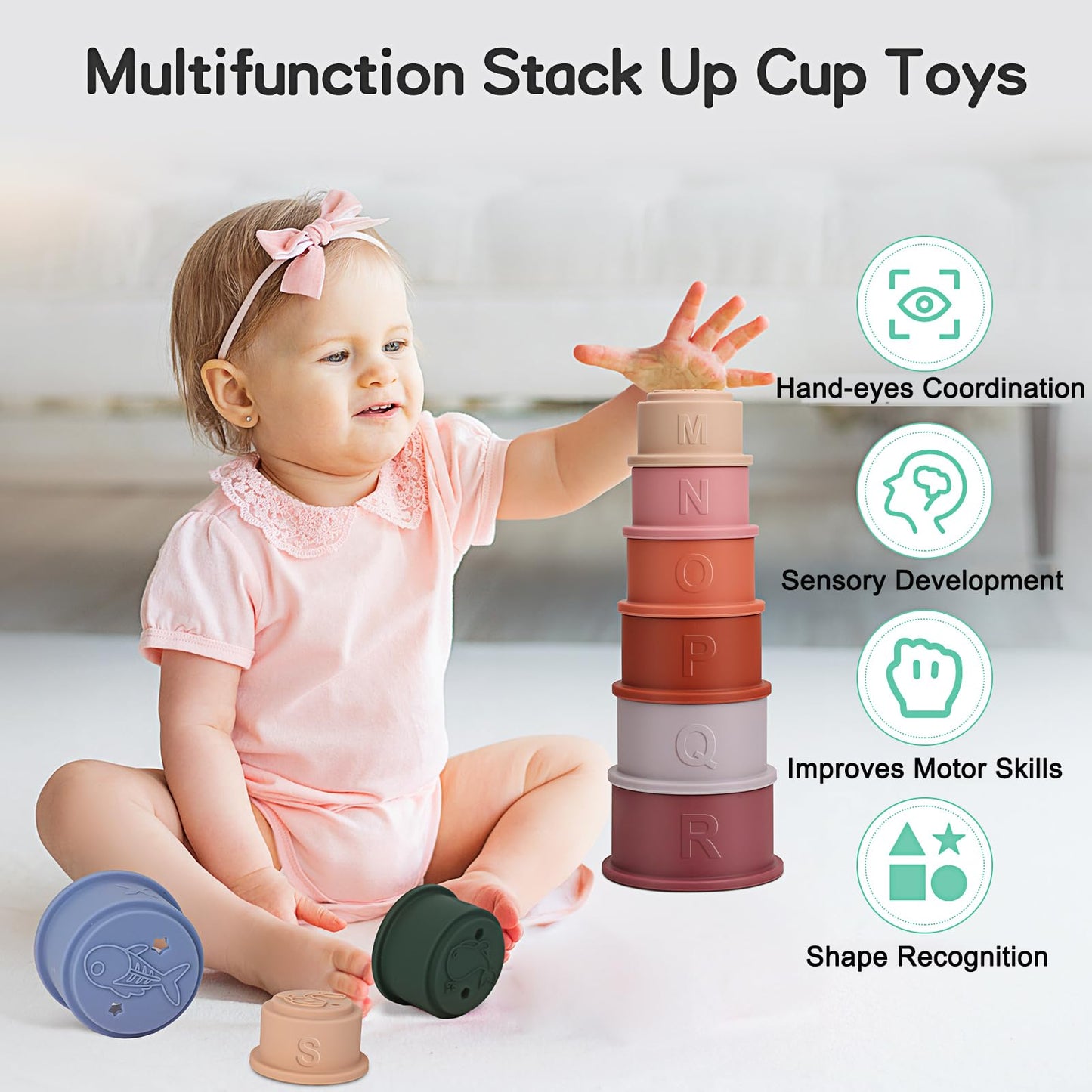 Maliton Stacking Cups Toy, Fun Educational Soft Silicone Baby Stacking Cups, With Number Letter Animal, Toddler Stacking Toys Fo