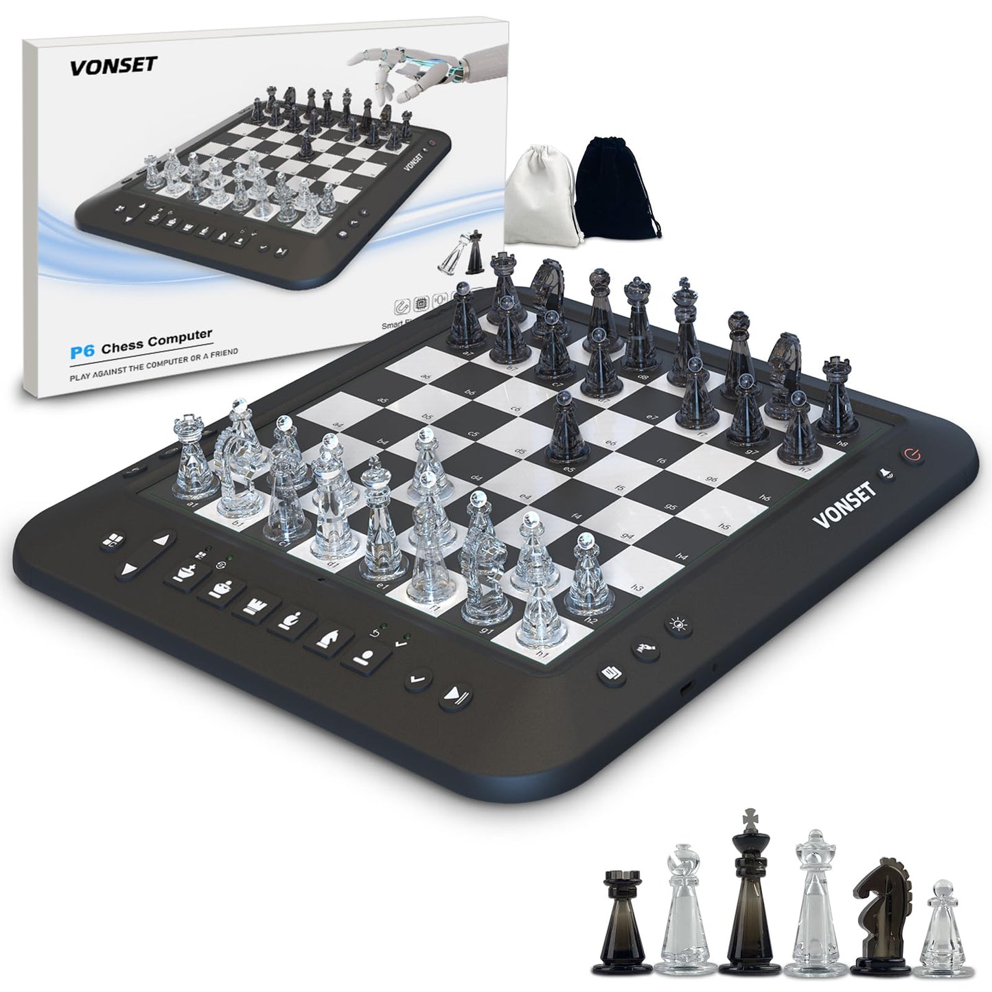 Vonset P6 Electronic Chess Computer - Smart Chess Board with LED for Kids & Adults, Talking Magnetic Chess Set