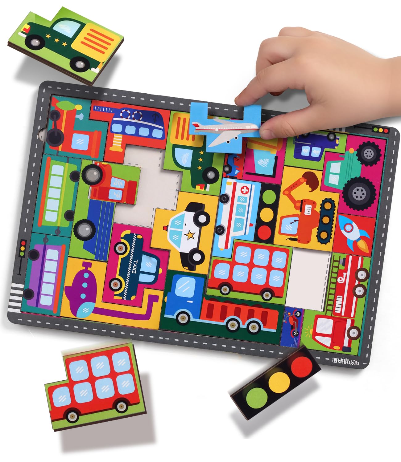 Intelliskills Wooden Tetris Puzzle  Transport Puzzle for Kids, Vehicles 23 Pieces, Brain Teaser Toy for 3+ Years, Montessori Le