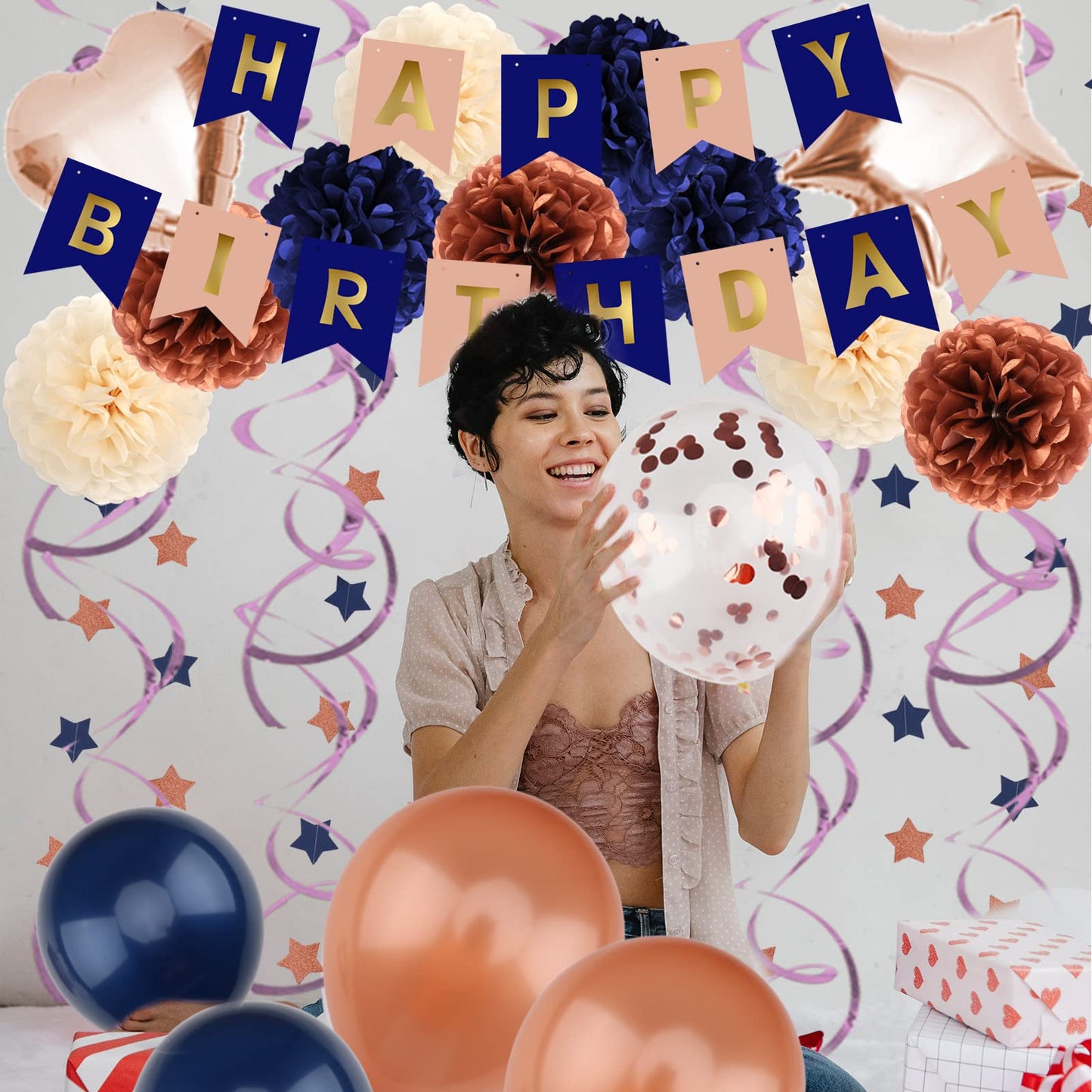 Zerodeco Birthday Decorations For Women, Navy Blue Rose Gold Birthday Party Decorations Happy Birthday Banner Paper Pompoms Ball