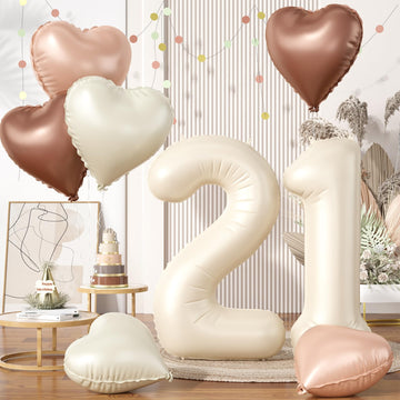 Biapian 40 Inch Cream Number 21 Balloons, 8Pcs Large Foil Number 2 & 1 Balloons With 18'' Cream White Heart Balloon For 21St Yea