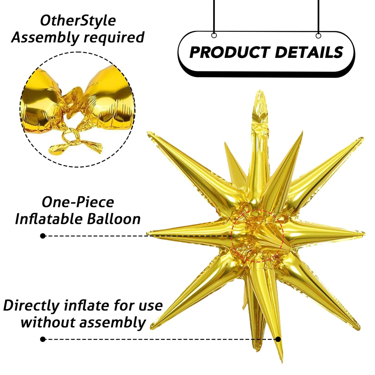 6PCS Gold Star Balloons, 22Inch Large Gold Star Balloon Explosion Foil Balloons Cone Spike Balloon for Birthday Graduation Weddi