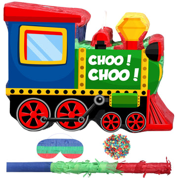 Shappy 3D Train Piñata Red Motorcycle Piñata Small Race Car Birthday Decor With Blindfold Stick Confetti Railroad Bike Car Party Decorations For Racing Theme Birthday Favors Supplies(Train)