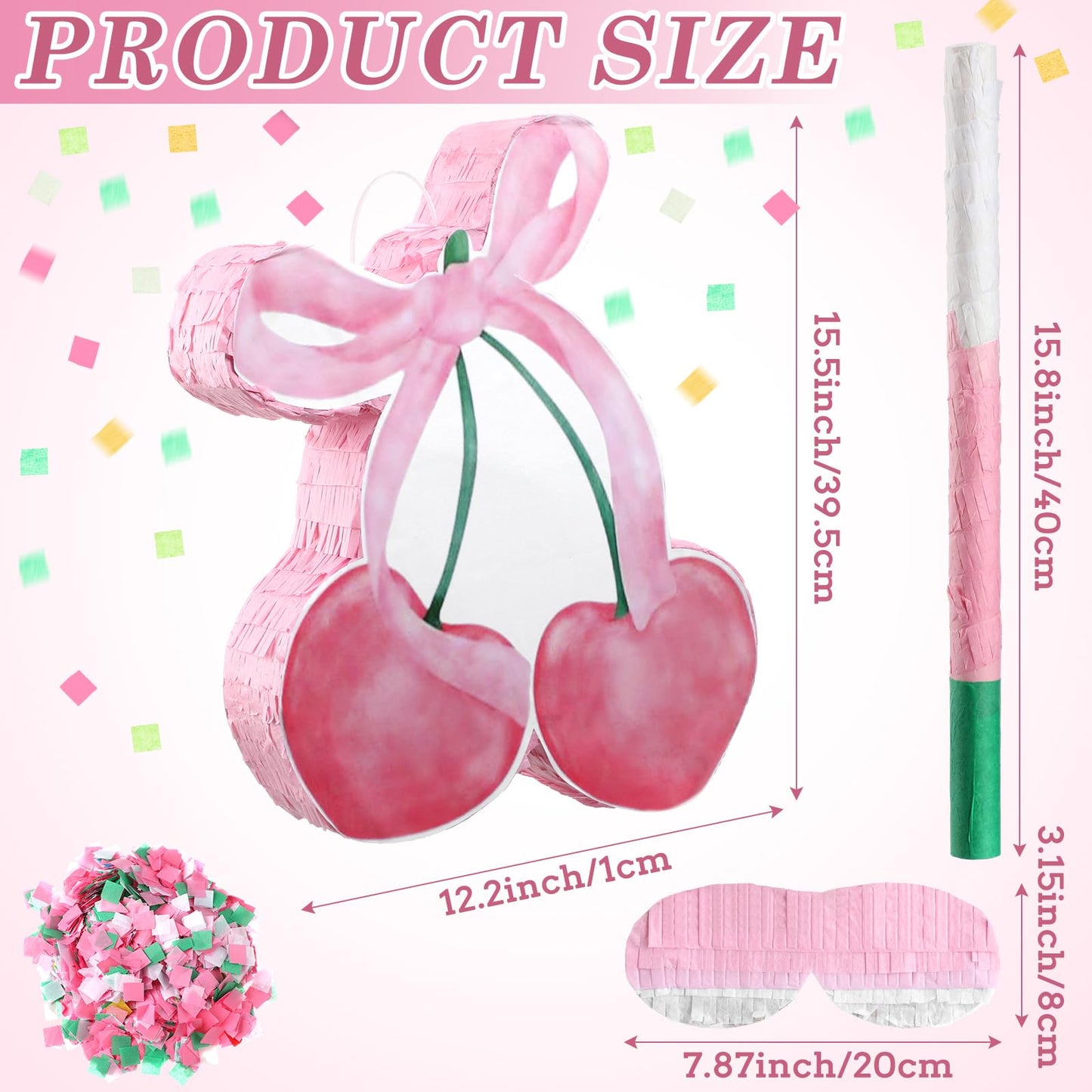 Glimin Pink Bow Piata with Stick Blindfold and Confetti, Shes The Cherry on Top Theme Birthday Party Baby Shower Nursery Decora