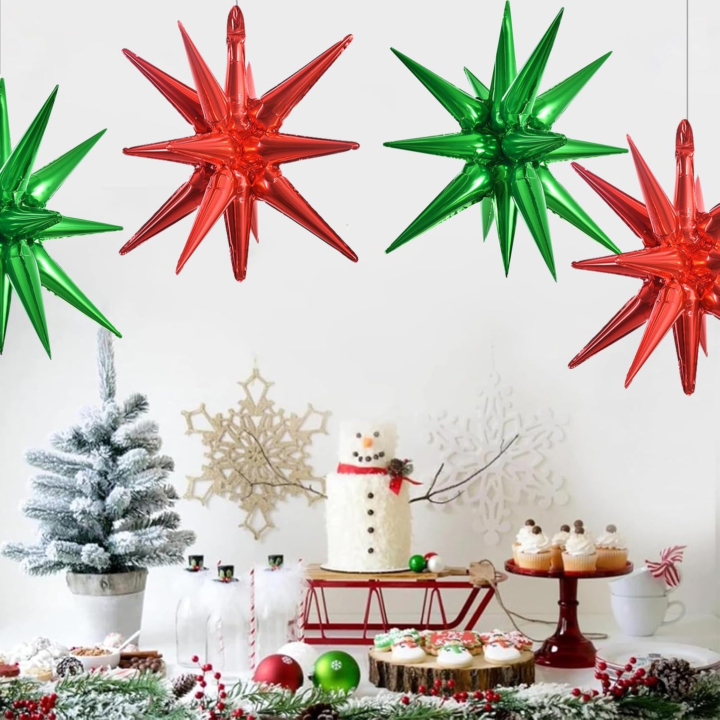TONIFUL 4 Pcs 22inch 4D Red Green Explosion Star Mylar Balloons 14Point Star Balloons for Party Decorations Backdrop Christmas,N