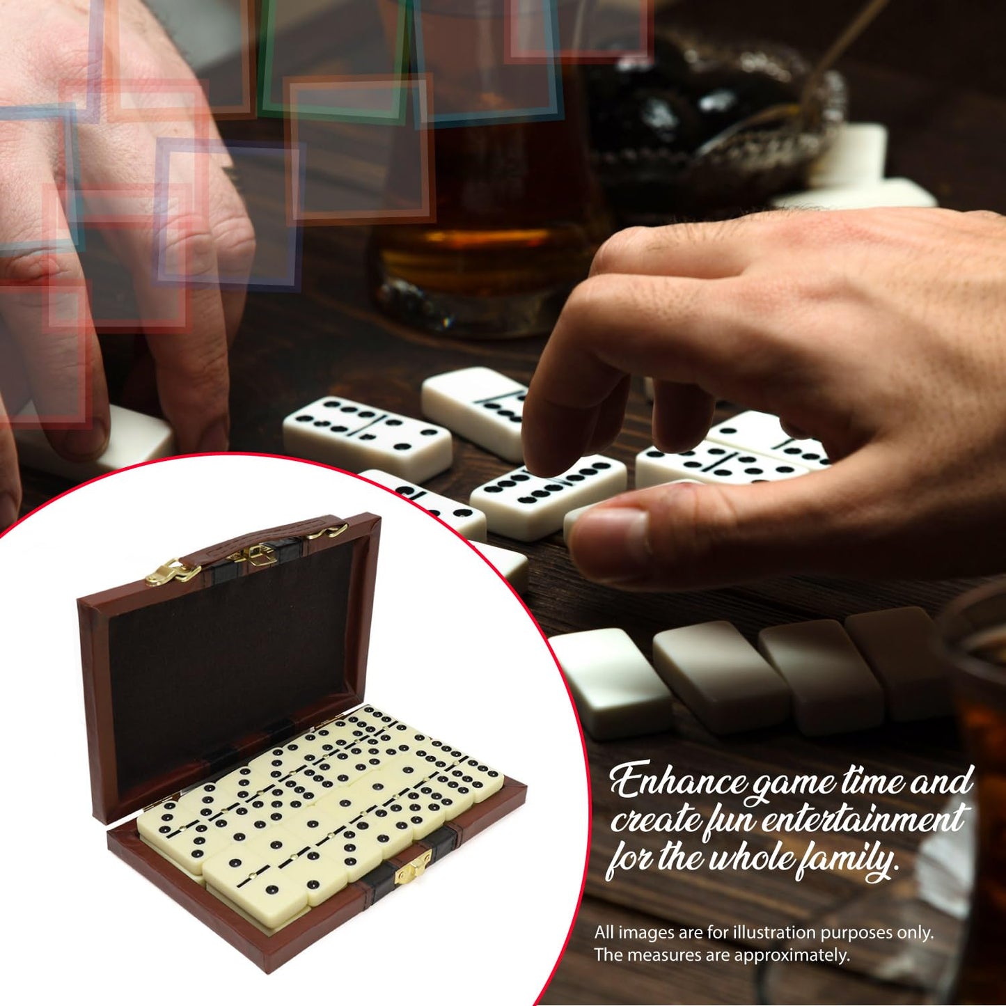 ERLLE Premium Double 6 Dominoes Set - Classic Tiles, Leather Case, Travel-Friendly, Multicolor, Model D6D-LeatherPro