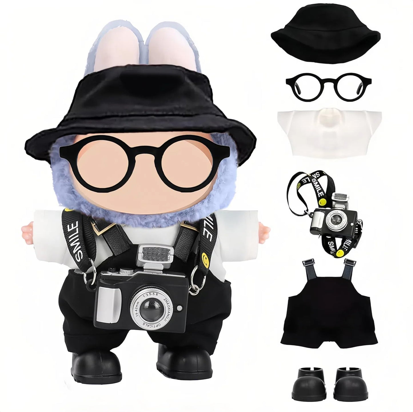 17cm Doll Clothes - 6-Piece Set  Hat + Overalls + Shirt + Camera + Glasses + Shoes  Cute and enhanced Dolls Outfit Accessories (Black)