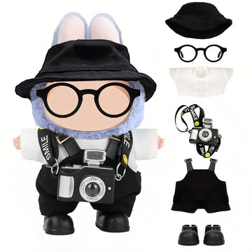 17cm Doll Clothes - 6-Piece Set  Hat + Overalls + Shirt + Camera + Glasses + Shoes  Cute and enhanced Dolls Outfit Accessories (Black)