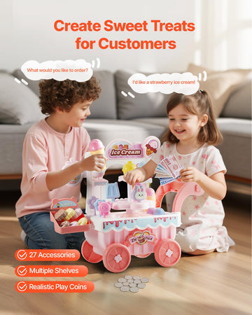 VEVOR Ice Cream Cart for Kids, 27 PCS Accessories, Pretend Play Store with Storage Trolley, Sound & Light Effects, Montessori Ed