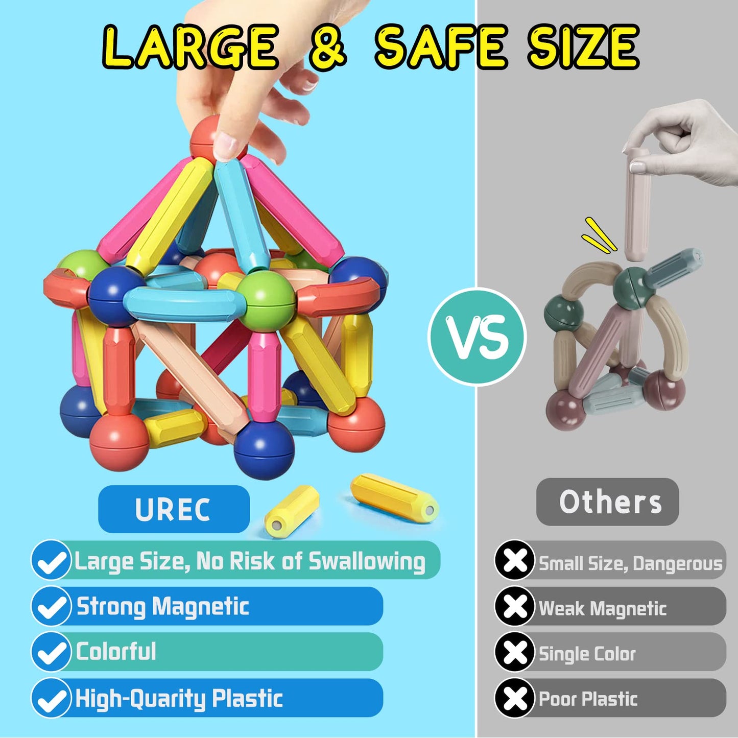 Urec 64Pcs Magnetic Building Blocks, Montessori Magnet Toys For Toddlers, Stem Learning Toys For Boys And Girls, Creativity Kids Games, Abs Material, Non-Toxic, Ages 3+, Mgb-64