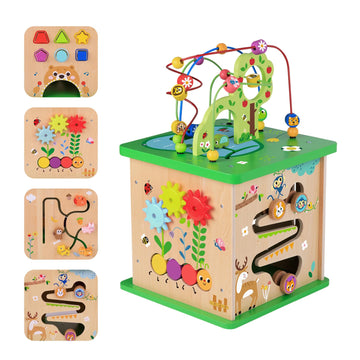 TOOKYLAND 5 in 1 Activity Center, Wooden Play Cube 23"x13"x13", Multicolored Learning Puzzle Toy for Toddlers with Animal Friends and Shapes