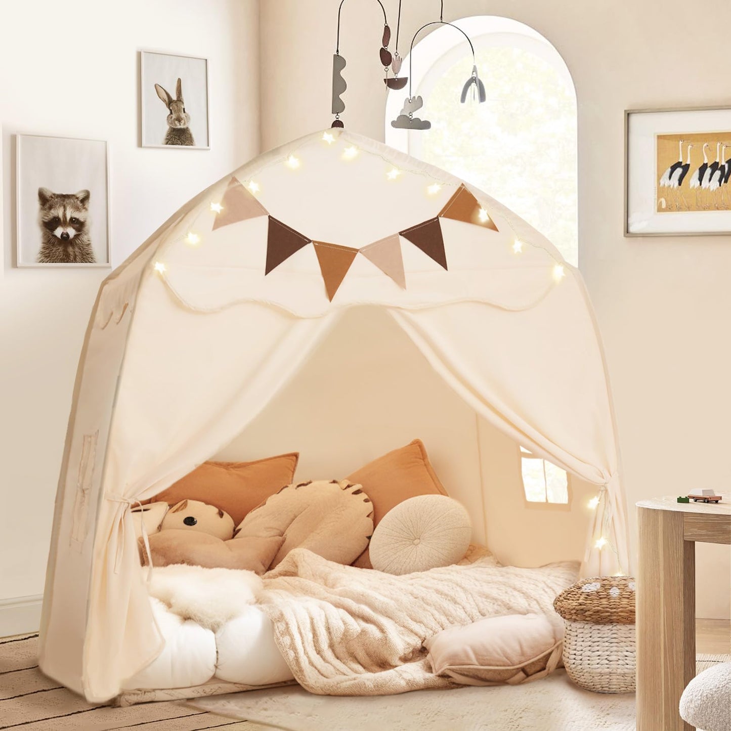 Extra Large Toddler Bed Tent & Kids Play Tent Bed Tent With Flags & Star Lights, Portable & Foldable Teepee, Indoor Outdoor Dome Tent Playhouse, 51X39X51 In, Cream