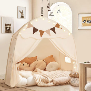 Extra Large Toddler Bed Tent & Kids Play Tent Bed Tent With Flags & Star Lights, Portable & Foldable Teepee, Indoor Outdoor Dome Tent Playhouse, 51X39X51 In, Cream