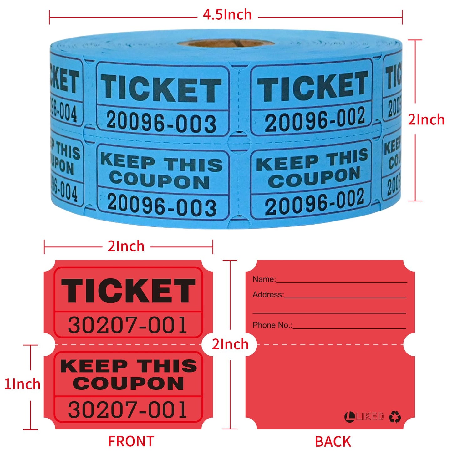 L LIKED 2000 Raffle Tickets - Double Rolls 50/50, 1000 Pairs, 4.8x4.6x4.0 inches, Assorted Colors