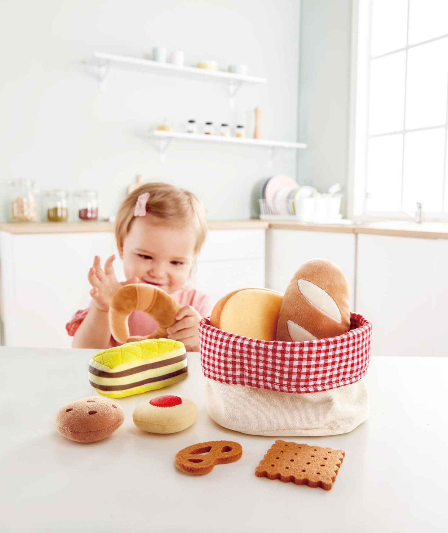 Hape Toddler Bread Basket |Soft Pretend Food Playset for Kids, Bread Toy Basket Includes Toast, Jam Cookie, Cake, Soda Biscuit a