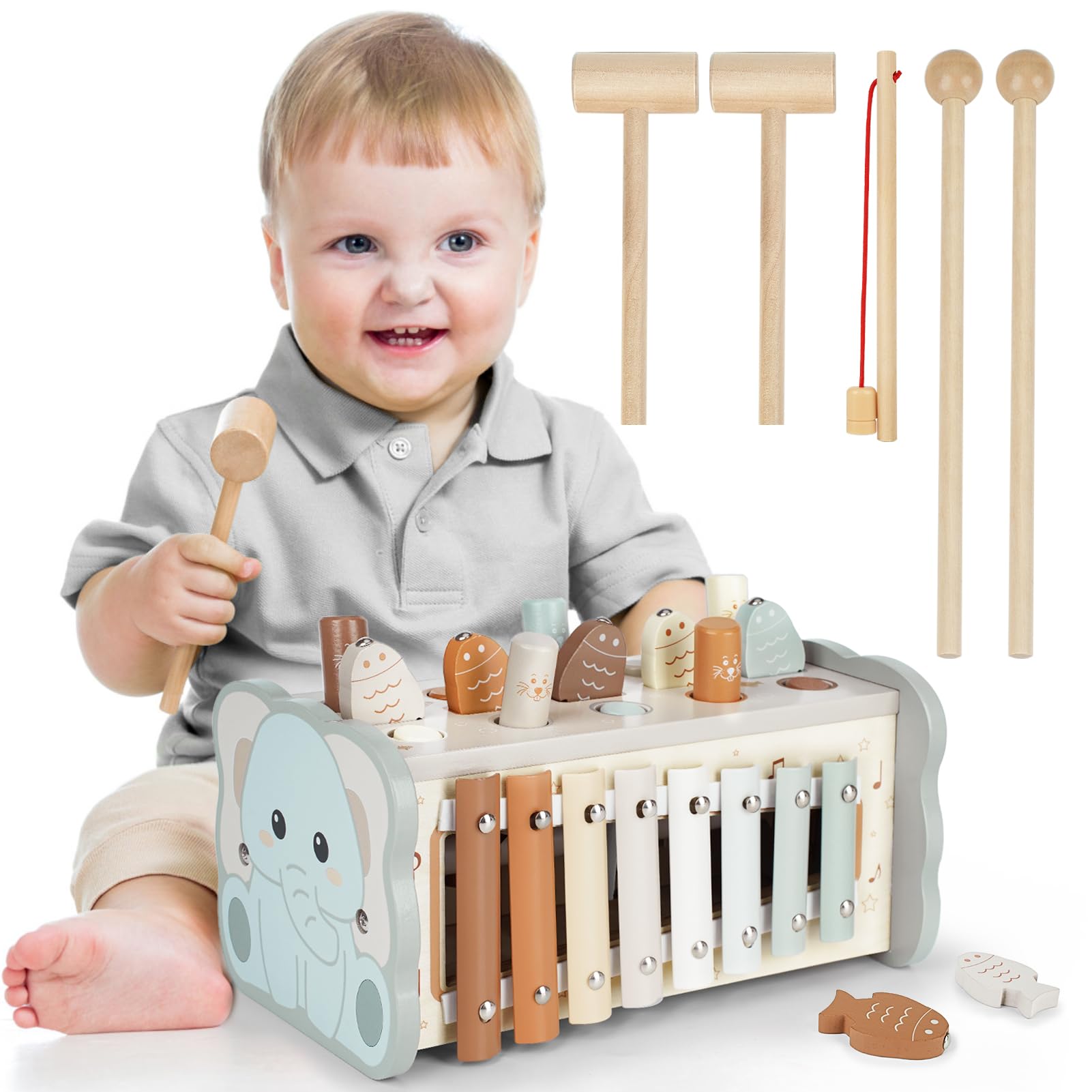 Dinorun Montessori Toys For 1 Year Old Boy Gifts: Wooden Hammering Pounding Toy With Xylophone/Fishing Game For Toddler Girls Age 1-2, 1St One First Christmas Birthday Gift For Baby 6-12-18 Months