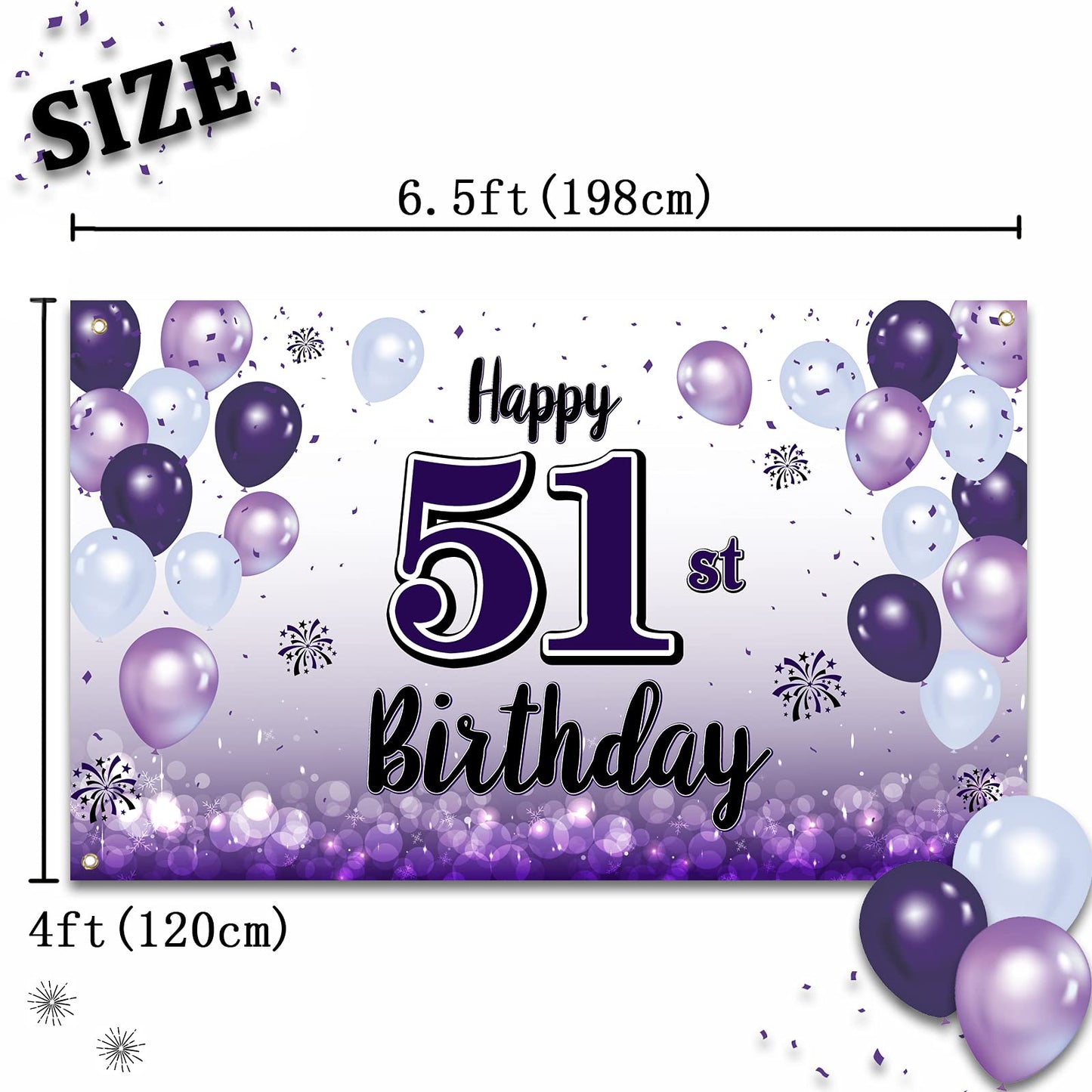 LASKYER Happy 51st Birthday Decorations,51st Purple Balloon Large Birthday Banner Backdrop Sign,51 Years Old Bday Party Supplies