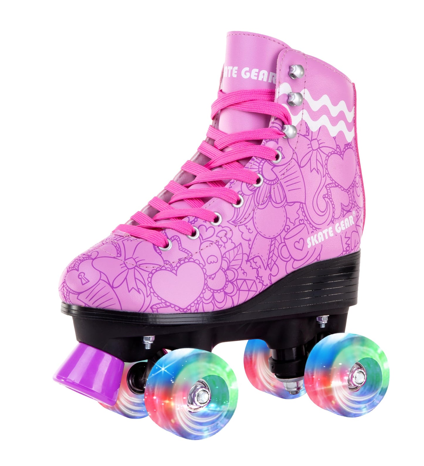 Skate Gear Extra Support Quad Roller Skates For Kids And Adults (Graphic Purple W Led, Youth 2)