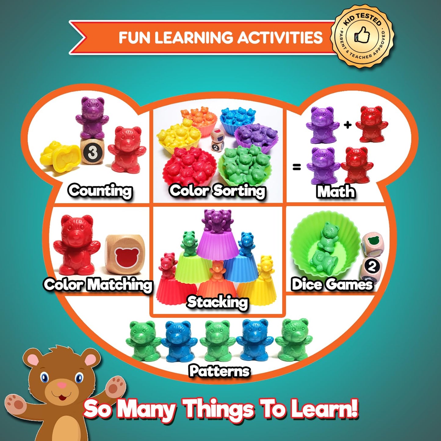 KIDS KORNER Jumbo Counting Bears Game - Montessori Learning Toy, 60 Bears, 6 Cups, 2 Dice, Red/Orange/Yellow/Green/Blue/Purple