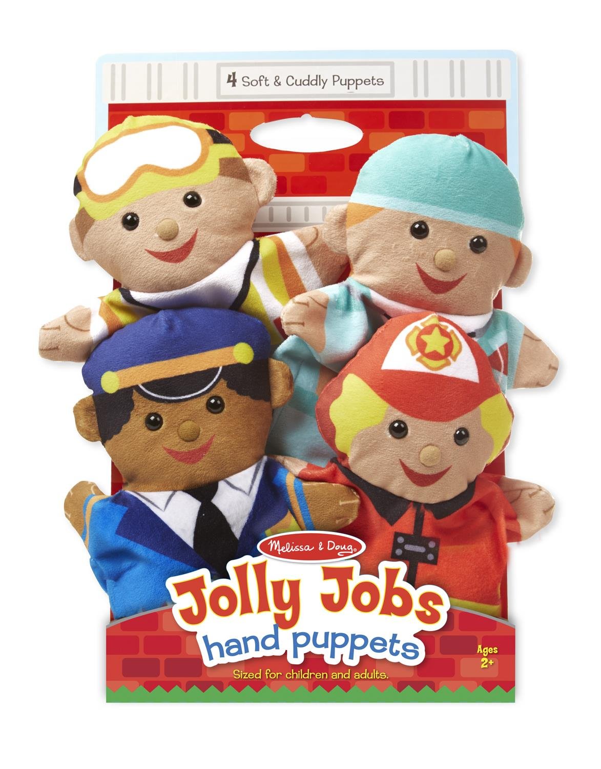 Melissa & Doug Jolly Helpers Hand Puppets (Set Of 4) - Construction Worker, Doctor, Police Officer, And Firefighter