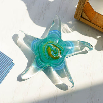 Qf Glass Star Fish, Crystal Handmade Glass Blown Table Decor, Starfish Figurine, Collectible Ornament,Clear And Green