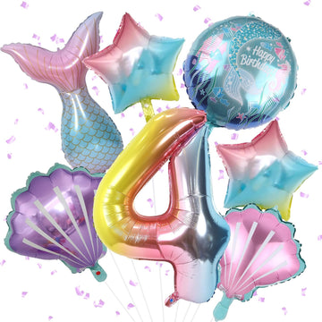 Mermaid 4Th Birthday Decorations, 8Pcs Mermaid Party Decorations Balloons, 40 Inch Rainbow Number 4 Balloon, Large Helium Foil Mermaid Tail Balloon, Seashell Balloons For Girls' 4Th Birthday Party