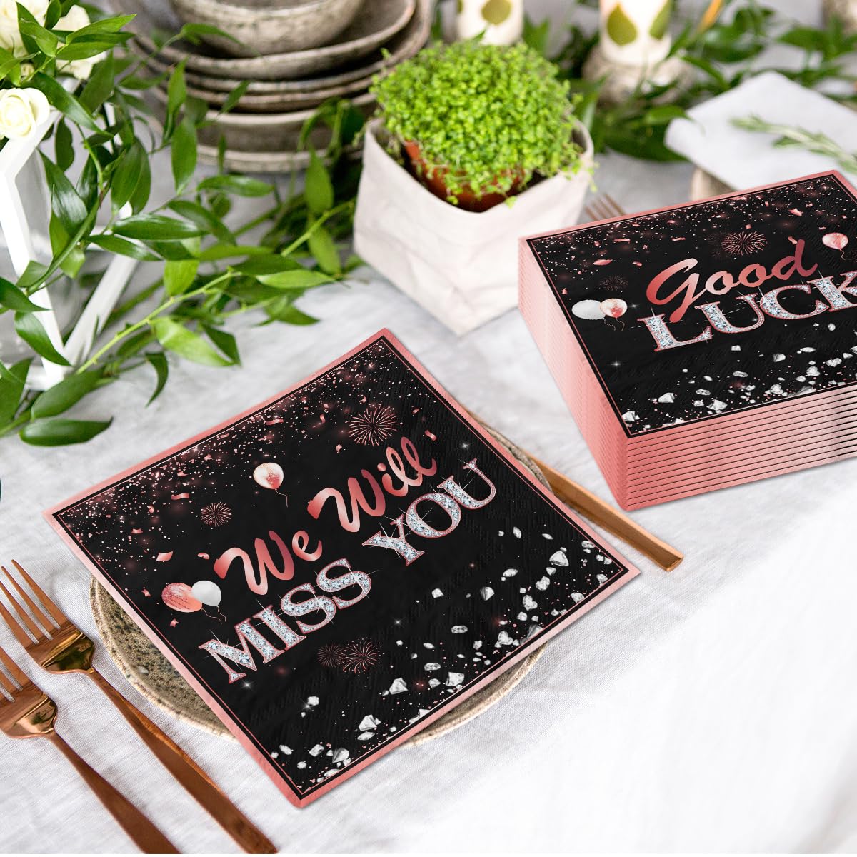 We Will Miss You Decorations 40Pcs We Will Miss You Napkins, Disposable Rose Gold Good Luck Paper Retirement Napkin For Men Wome