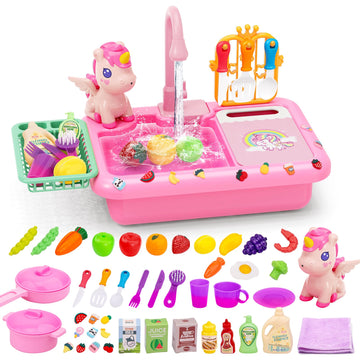 deAO Play Sink with Running Water, Kitchen Sink Toys with Water Spray Toy, Color Changing Dishes, Upgraded Rear Faucet, Play Kit