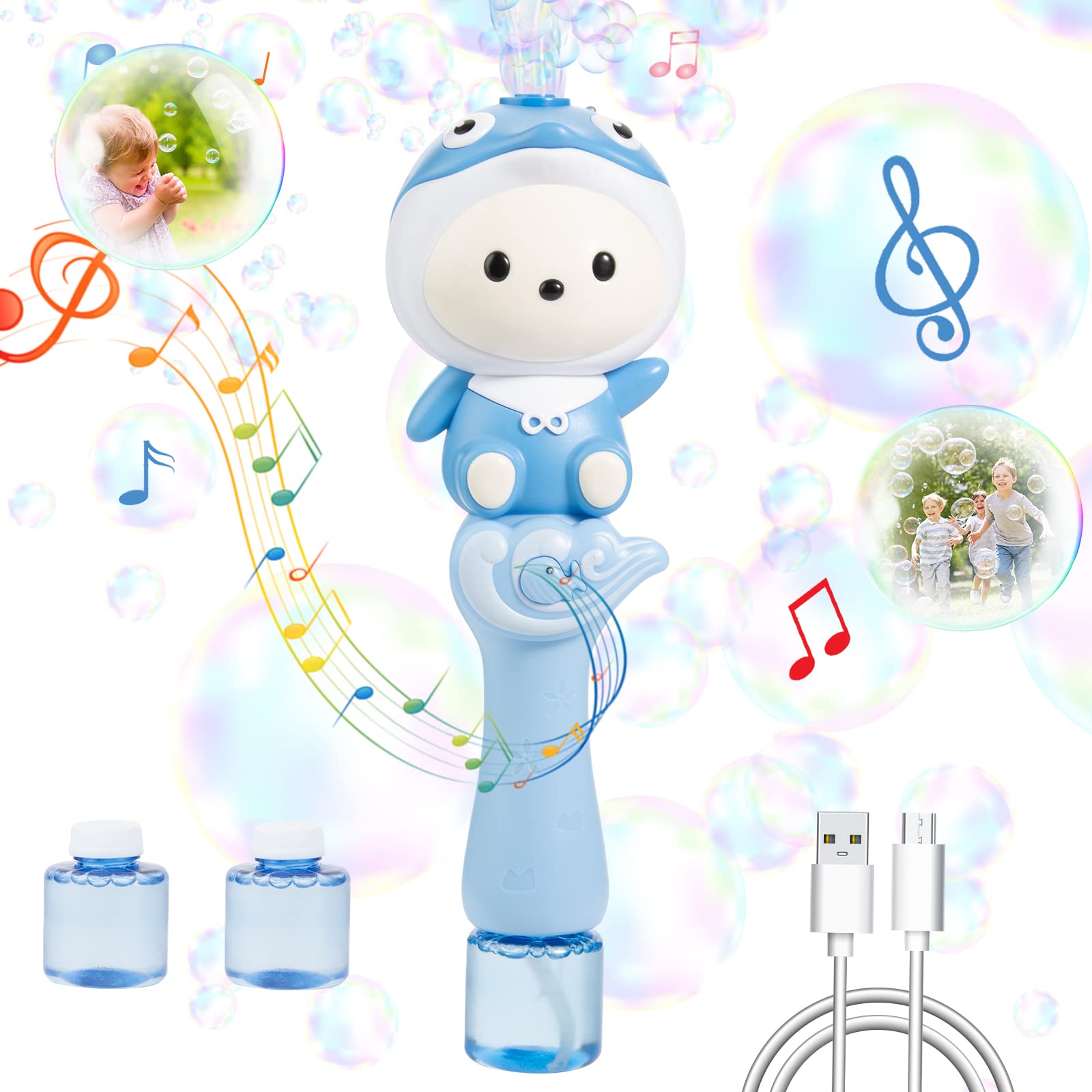 Bubbles For Kids,Cute Cartoon Blue Dolphine Automatic Bubble Wand,Usb Rechargeable Bubble Machine,With 2 Bubble Solutions,Music,