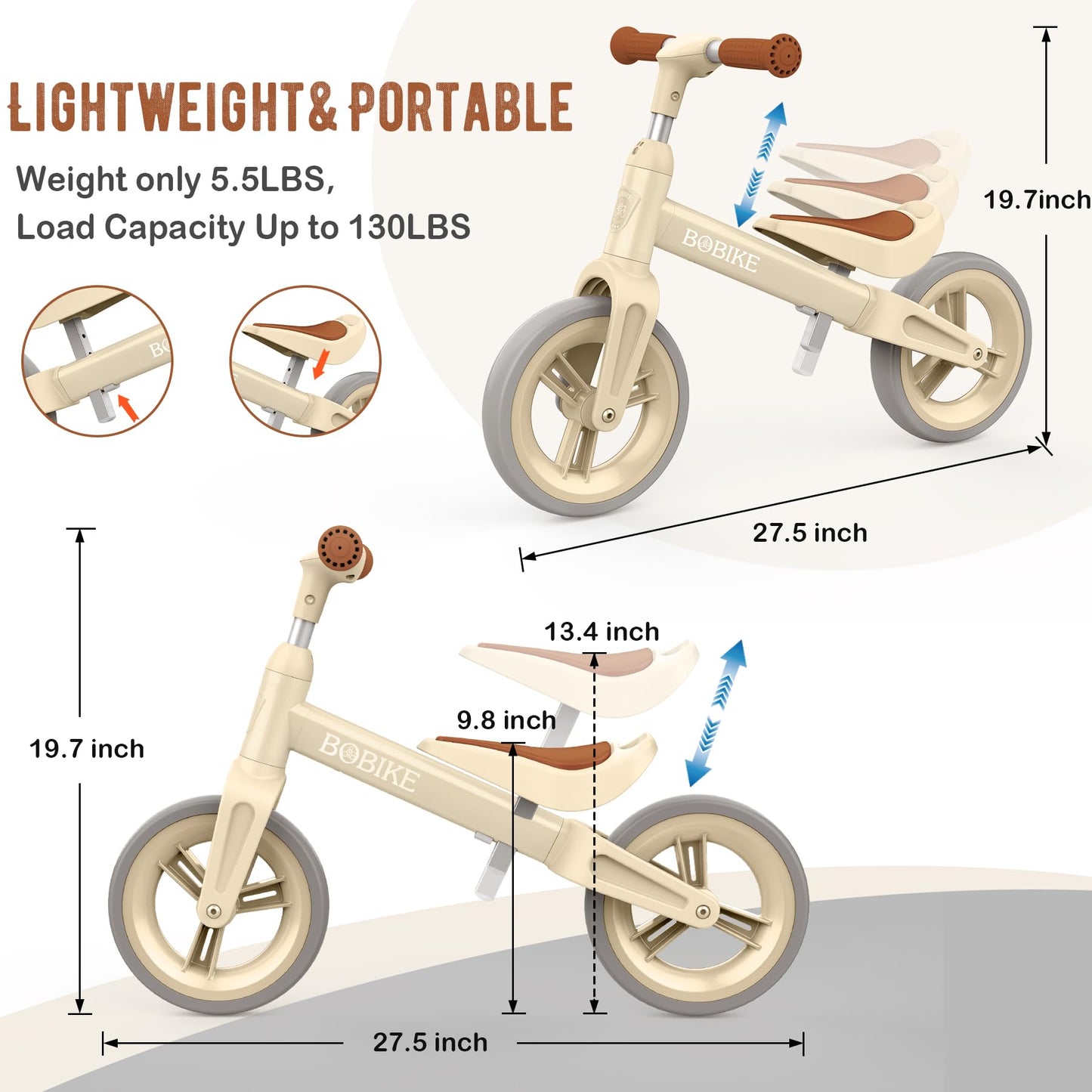 Bobike Toddler Balance Bike Toys For 1 To 6 Year Old Girls Boys Adjustable Seat And Handlebar No-Pedal Training Bike Best Gifts For Kids (Beige)