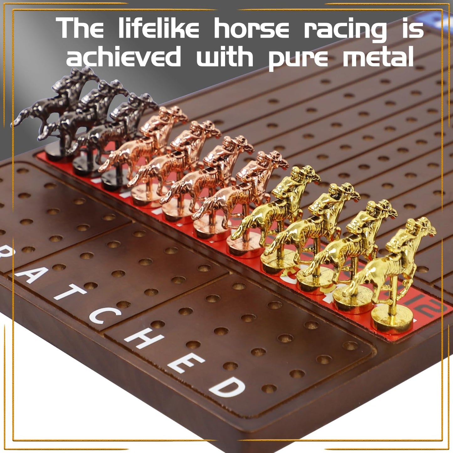 Jyquorp Metal Horse Race Board Game Racing Game Thickened Solid Wood With 11 Luxurious Durable Classic Metal Horses With 4 Dice