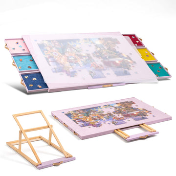Tektalk Flannelette Covered Jigsaw Puzzle Table with Integrated Adjustable Stand & Cover, 3-Tilting-Angle Wooden Plateau Portabl