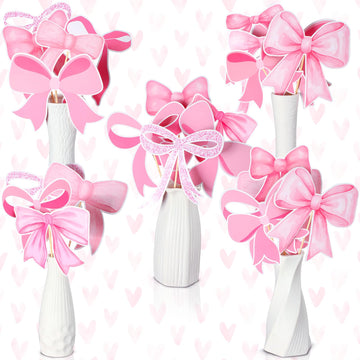 Cinnvoice 30 Pcs Bow Party Decorations Coquette Bow Table Toppers Birthday Table Decor Coquette Party Centerpieces Sticks for Bi
