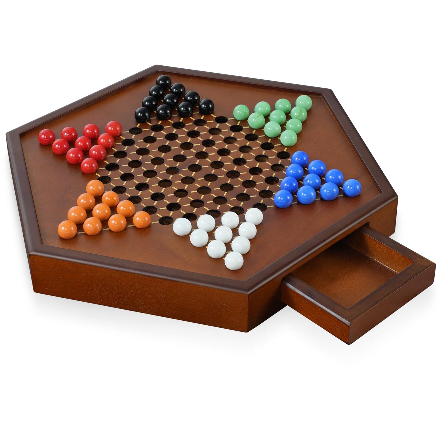 DecoWoodo 15 Large Upgraded Wooden Chinese Checkers Game Board - enhanced 16mm Glass Marbles (60 + 12 Extras)  Easy Grip  Storage Drawer  Ideal Multi-Player Puzzle Game for 2-6 Players