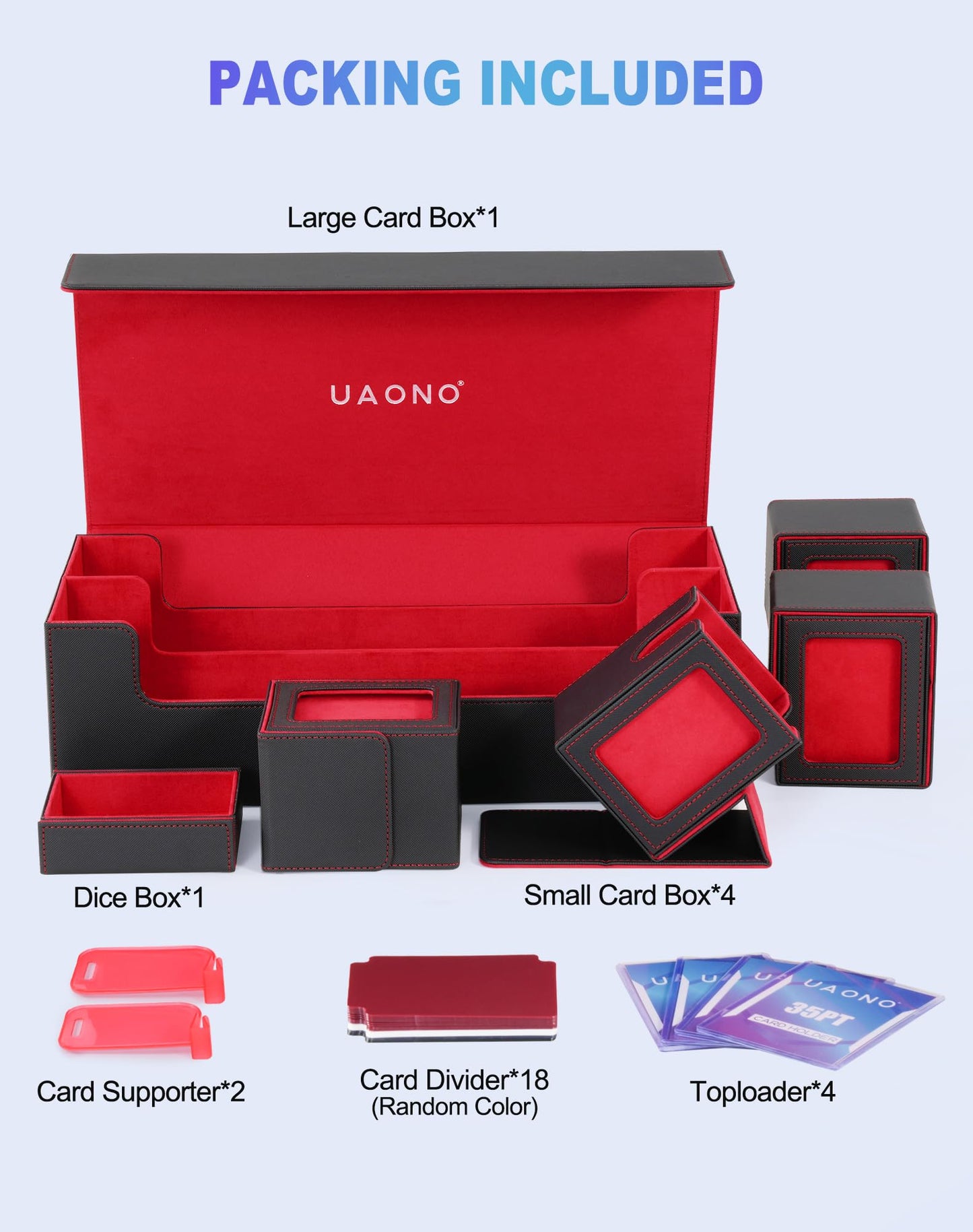 UAONO Card Storage Box for Trading Cards  5 in 1 Card Deck Case with 4 Pcs Small Commander Deck Box  Large Card Box for MTG/TCG/PTCG Magic Sports Cards Game Playmat (Black  Red)