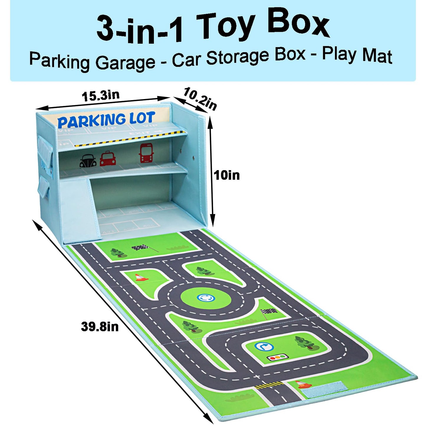 Livememory Toy Car Garage Box - Blue Fabric Storage with Play Mat (Cars Not Included)