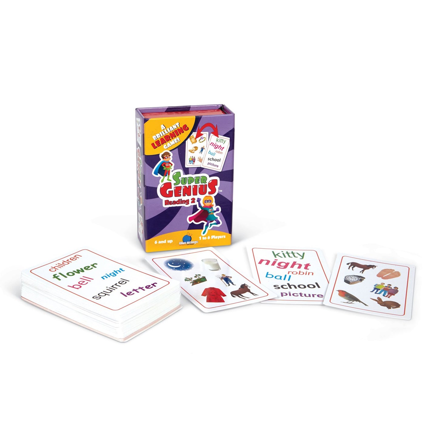 Super Genius Reading 2 Matching Card Game | 1-6 Players | Ages 6 And Up | Teacher Approved | Fun Flash Card Concentration Game For Kids | Increase Your Vocabulary | By Blue Orange Games