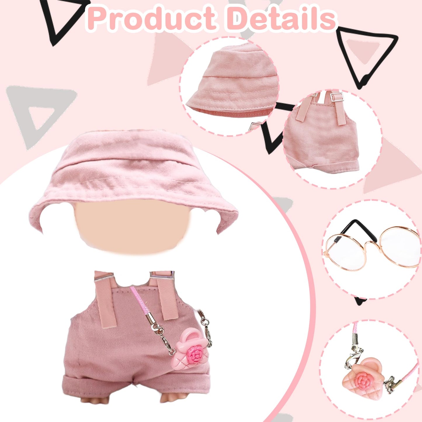 4 Pcs Handmade Clothes and Accessories for 17 cm Dolls Including Overall with Adjustable Straps Hat Glasses Bag  enhanced Stylish Doll Clothes Replacement Present for Girls (NO Doll) Pink