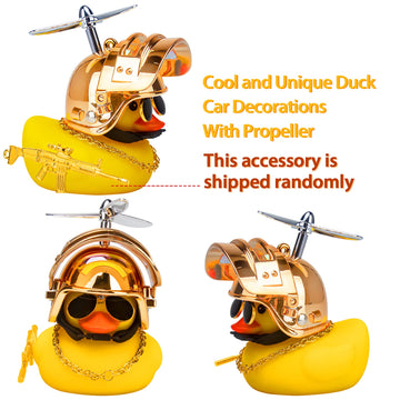 Wonuu Rubber Duck Car Ornaments Cool Yellow Duck Car Dashboard Decorations Squeaky Glasses Duck With Propeller Helmet For Car Ccessories Dashboard (Y-Gold)