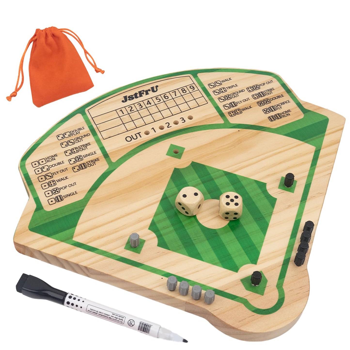 Baseball Board Game,Wooden Baseball Game,20Mm Thick Wooden Board With 10 Pieces & Dice,Markers,Great For Family Game Night, Part
