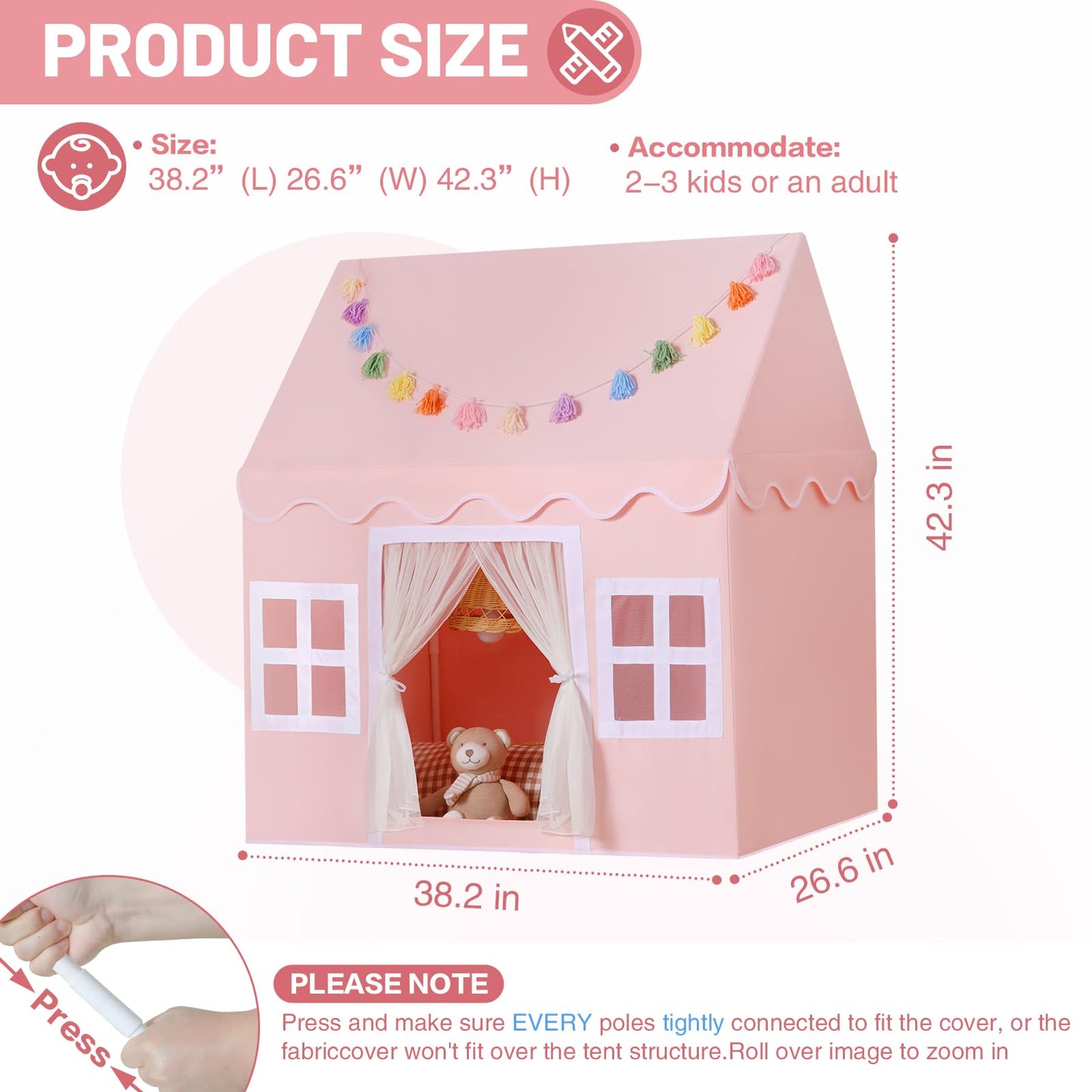 Senodeer Kids Play Tent Indoor: With Mat, Tassel Garland, Star Lights - Pink Girl Tent Playhouse For Toddlers Kids Toys For Boy Girl Birthday Gift For Kids