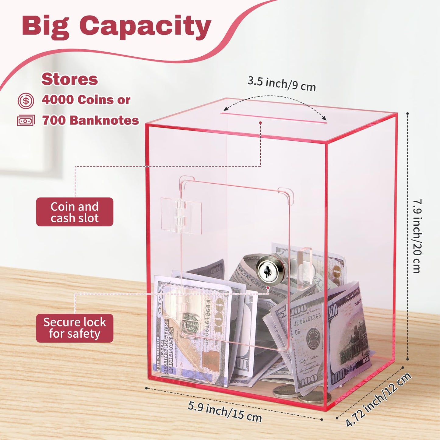 Imeepa Clear Acrylic Piggy Bank With Lock And Key For Kids Adults, Openable Money Saving Box For Cash Coins Real Money (Pink)