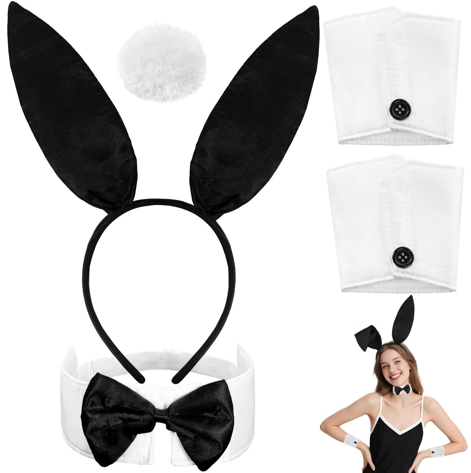Voiiake Bunny Ears Headband  Bow Tie  Cuffs  and Tail - Bunny Costume Accessories for Women - Halloween Black Rabbit Ears for Party Outfit