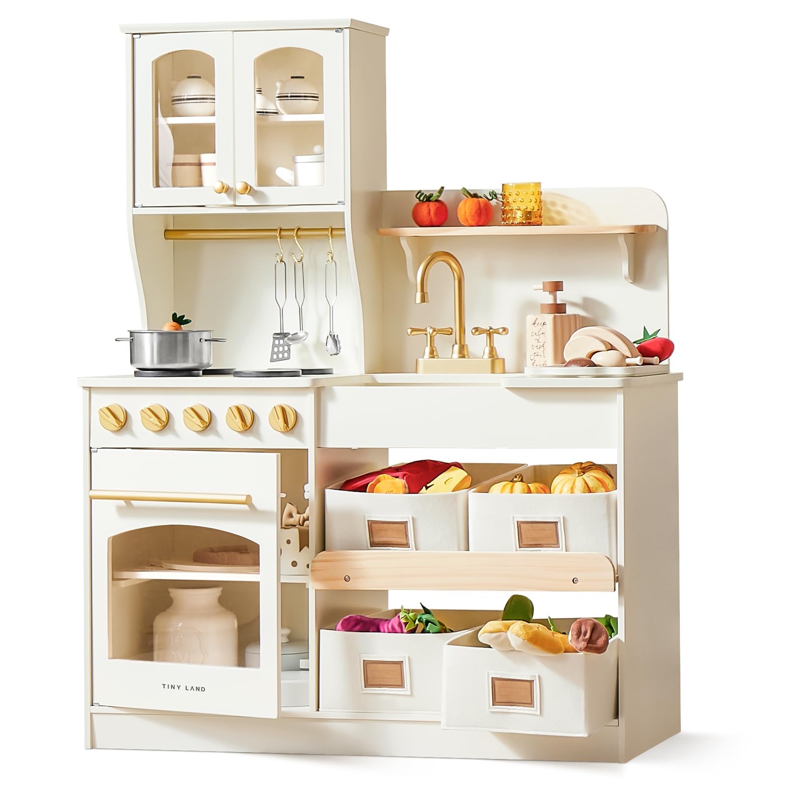 Tiny Land Play Kitchen for Kids, Wooden Play Kitchen with Toy Storage System, Toy Kitchen Set with Plenty of Play Features, Kids