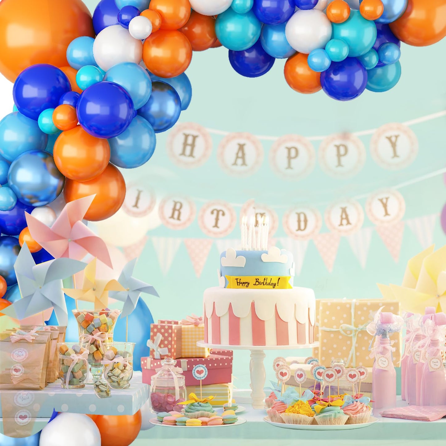 Blue And Orange Balloon Garland Arch Kit, Klein Navy Light Blue Teal Orange White Metallic Under The Sea Balloon Arch Kit For Bo