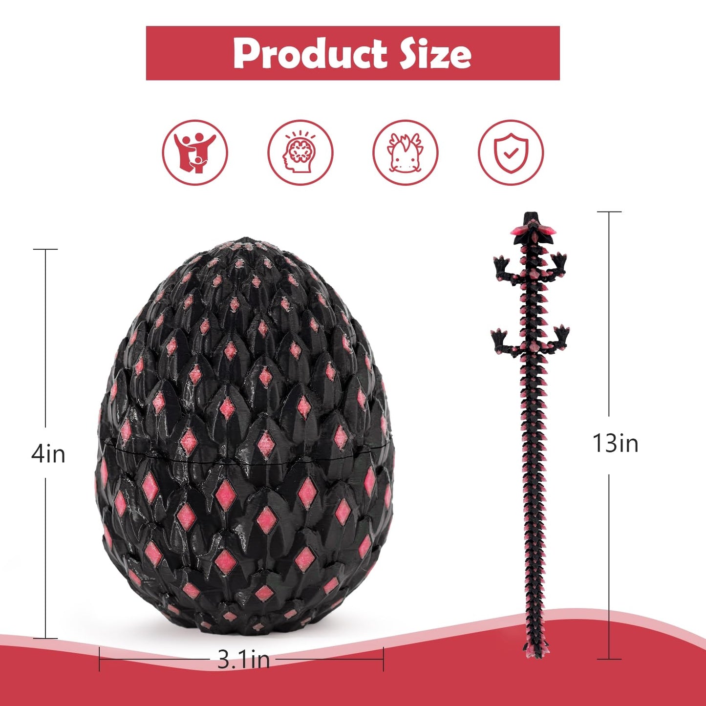 prntedtou 3D Printed Dragon Egg Figurine - Glow in the Dark, Flame Red, 1 inch Collectible, Articulated Fantasy Model