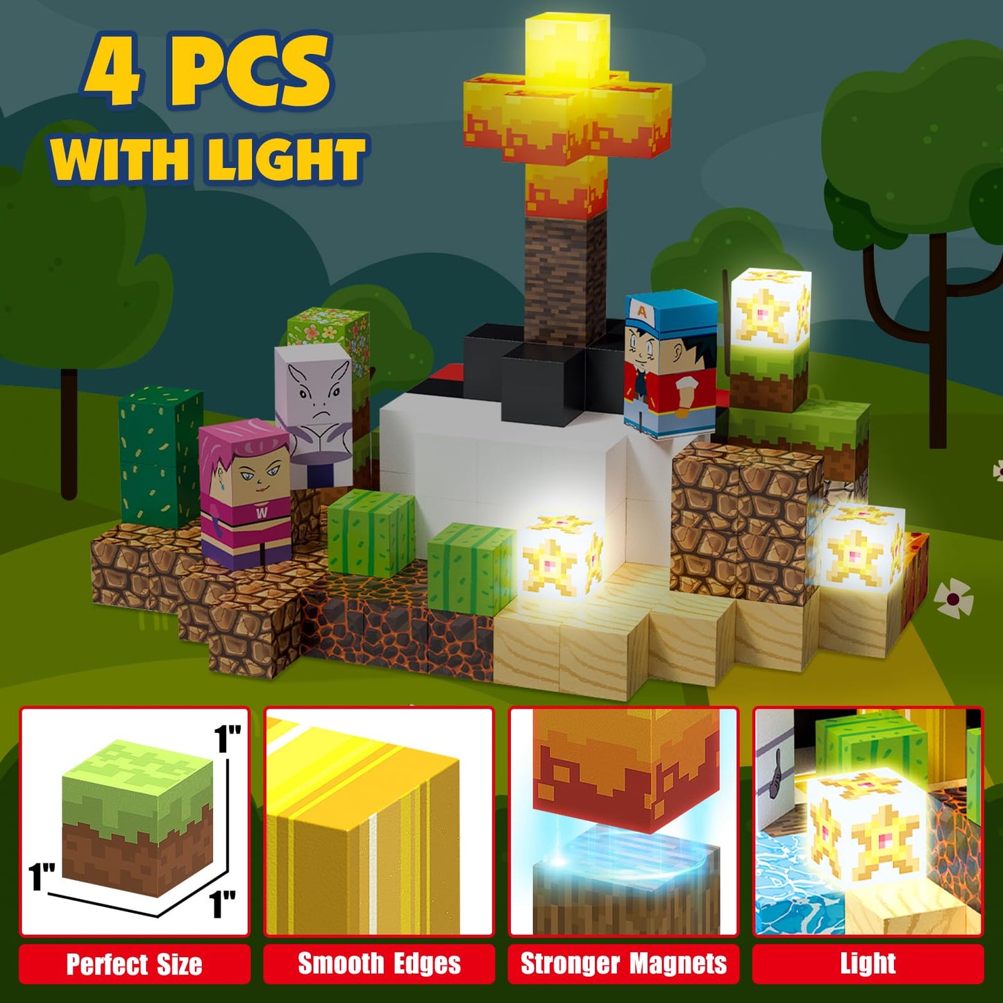 Yungown 200Pcs Magnetic Blocks Building Toys Set, Light Up Build 3D Magnetic Building Blocks For Kids Boys Girls Ages 3+, Magnet