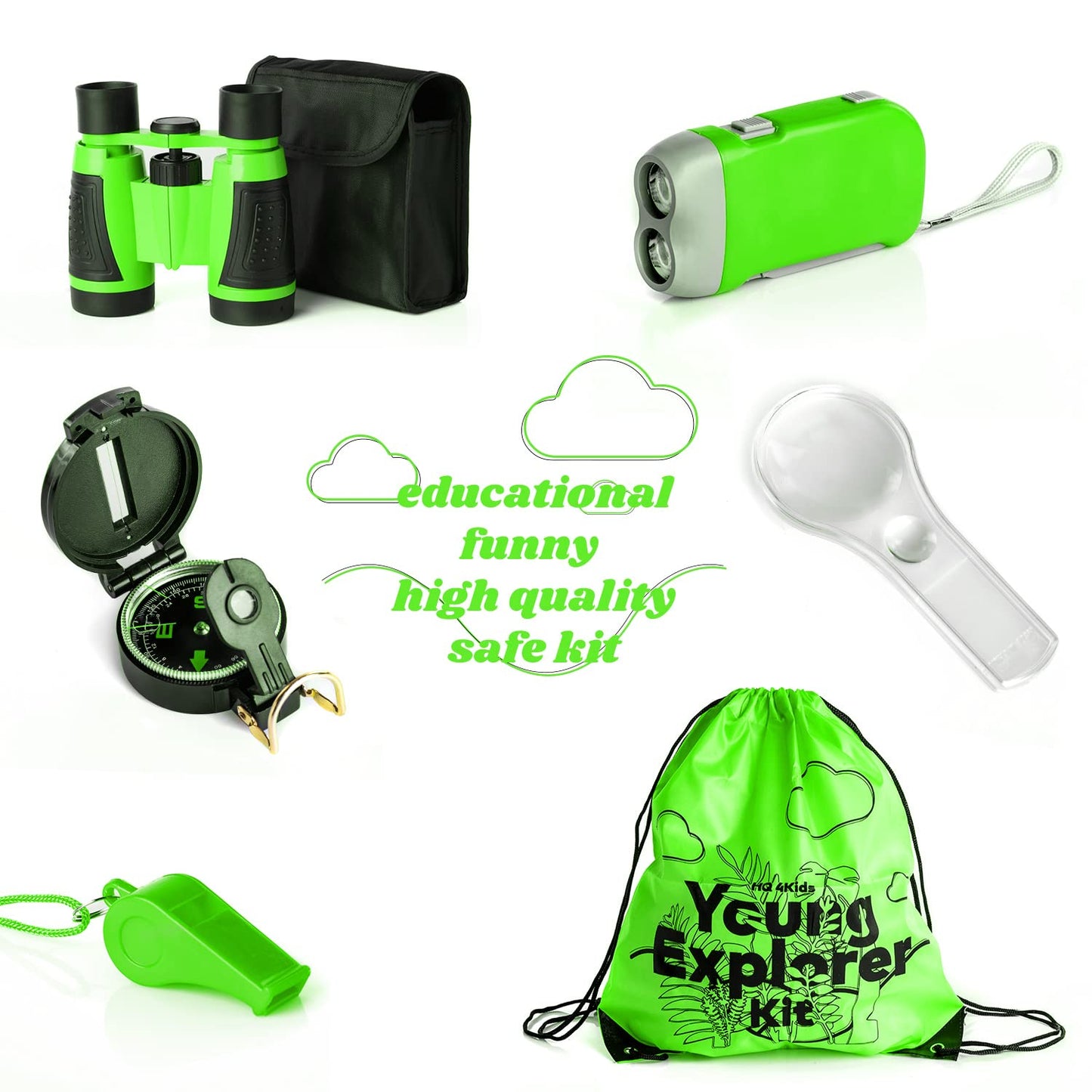 HQ 4KIDS Outdoor Adventure Kit - Binoculars, Compass, Magnifying Glass & Flashlight for Kids Ages 3-12, Green, Plastic