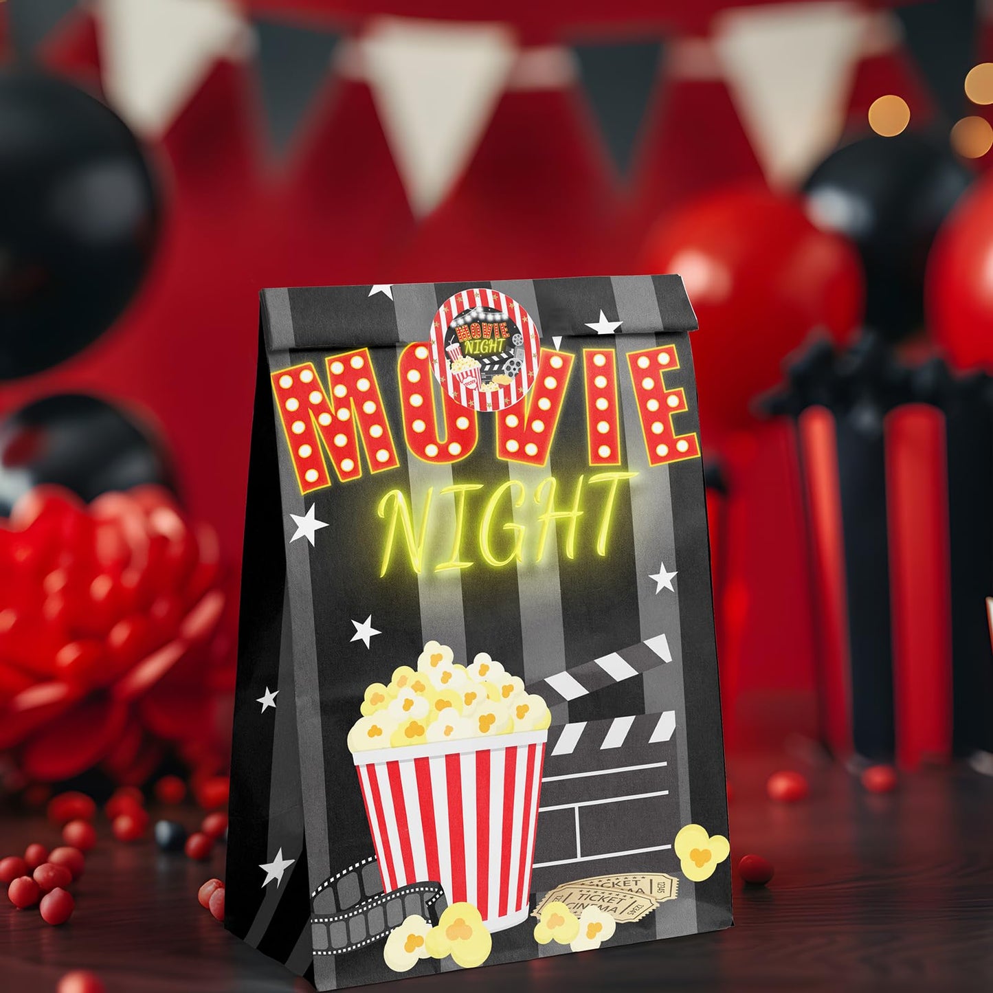 Hapibidesign Movie Night Party Favor Bags - 24 Pcs Movie Night Party Candy Bags With Stickers - Movie Night Goodie Gift Treat Ba