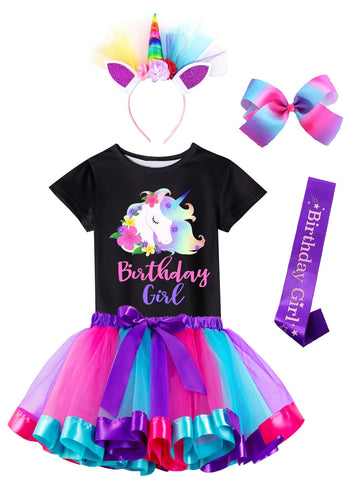 Doctor Unicorn Birthday Girls Unicorn Costume Outfit Rainbow Tutu, Unicorn T-shirt, Satin Sash, Hair Bow & Headband Purple Rainb
